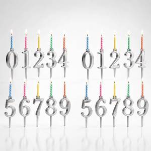 lot 2047 image: 20 PCS (2 Sets) Reusable Number Candle Holder Set for Birthday Cakes - Metal Number Candle Holders Stand - Silver Cake Topper Decorations