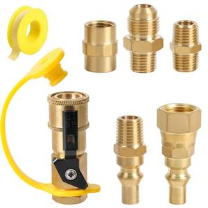 lot 2056 image: ATKKE RV Propane Quick Connect Fitting Adapter Valve, 14 Male NPT Full Flow Plug & 38 Male Flare Quick Kit for Low Pressure Gas Appliance Heater Grill Fire Pit and RV Quick Connect, 7pcs