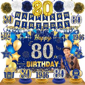lot 2057 image: Navy Blue Gold 80th Birthday Decorations for Women Men Happy 80th Birthday Banner Vintage 1946 Honeycomb Centerpiece Hanging Swirls Sash Paper Pompoms Decor for 80 Years Old Anniversary Party Supplies