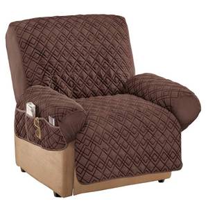 lot 2070 image: Collections Etc Diamond-Shape Quilted Stretch Recliner Cover with Storage Pockets and Elastic Straps - Furniture Protector, Chocolate, Recliner