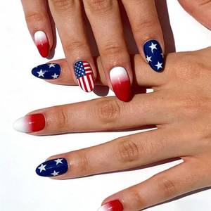 lot 2087 image: A 4th of July Press on Nails Almond Fake Nails Patriotic USA Flag Stars Stripes Designs Red White Ombre Glossy Full Cover Acrylic Reusable Stick on Nails for Women 24 Pcs