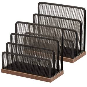lot 2096 image: Wooden Desk Mail Organizer, Desktop File Organizer Metal Mesh with 3 Vertical Upright Compartments, Mail Sorter Letter Organizer Rack for Letters, Postcards, Brochures, Mail Holder (2 Pack Black)