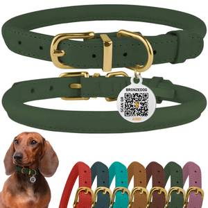 lot 2135 image: BronzeDog Rolled Leather Dog Collar �� Soft Waxed Leather Round Design Prevents Tangling & Matting with QR ID Tag for Small, Medium & Large Dogs (11 - 14 12 Neck Size, Emerald Green)