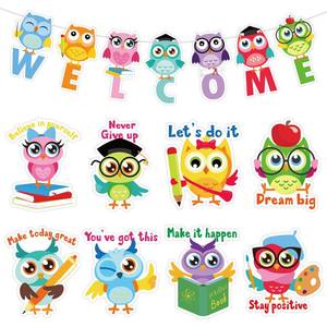 lot 2148 image: Leinuosen 35 Pieces Owl Welcome Bulletin Board Set Colorful Owl Inspirational Classroom Cutouts Welcome Back Banner for Back to School Office Party Decor Positive Sayings Bulletin Board Decoration