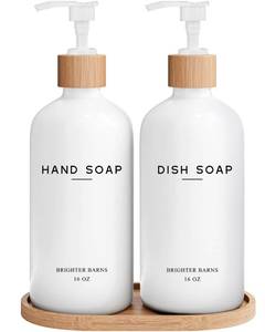 lot 2162 image: White Glass Hand and Dish Soap Dispenser Set by Brighter Barns - Kitchen Soap Dispenser Set with Tray - Glass Bottles for Kitchen Sink - Housewarming Gift, Countertop Decor, Boho Home Decor (White)