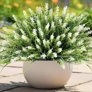 lot 2218 image: Artificial Plants for Outdoors, 10 Bundles Fake Monkey Grass with White Spring Flowers, Faux Plants Outdoor UV Resistant Realistic Greenery for Garden Window Patio Hanging Porch Home Decoration