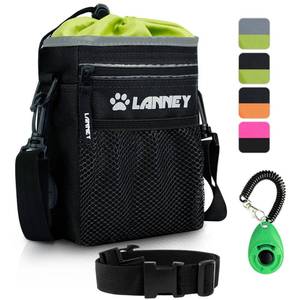 lot 2453 image: Dog Treat Pouch Pet Training Bag for Small to Large Dogs, Treat Tote Carry Kibble Snacks Toys for Training Reward Walking, Metal Clip, Waist belt, Shoulder Strap, Poop Bag Dispenser, Black with Green