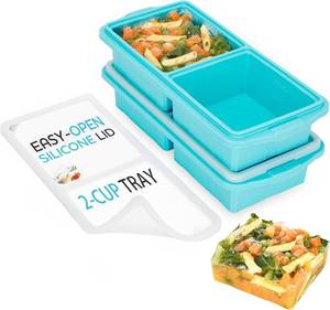 lot 2461 image: XOMOO Silicone Freezer Tray With Lid-Soup Freezer Container molds-2-cup Extra Large Ice Cube Tray-makes 4 perfect 500ml portions cubes, For freezing soup,stews,sauces.Oven&Dishwasher-Safe(2-Pack)