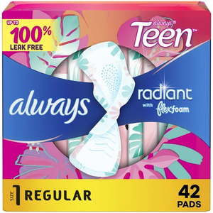 lot 2483 image: Always Radiant Teen Pads with Wings  Size 1  Regular Absorbency  42 CT