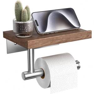 lot 3683 image: Tindbea Toilet Paper Holder with Wood Shelf, Wooden Wall Mount Tissue Paper Roll Holder, Brushed Nickel Stainless Steel Bathroom Accessories Decor Household Home Apartment Restroom Essentials (Walnut)