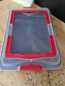 lot 4093 image: Clear Plastic Storage Case with Red Handles and Lid