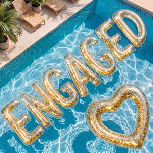 lot 4098 image: Seenelling Large Bachelorette Pool Floats Engagement Party Decorations Gold Inflatable Floating Engaged Letters Heart Pool Float Set for Summer Swimming Pond Wedding Beach Party Supplies