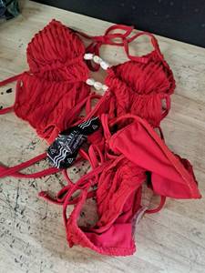 lot 4103 image: Red Ruched Bikini Set with Shell Beads small