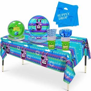 lot 4110 image: Video Game Birthday Party Decorations Themed Decor - 2026 Upgraded Plates Napkins Paper Cups Straws Forks Tablecloth Gaming Stuff for Boys & Girls Supplies Favor