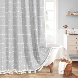 lot 4145 image: Boho Farmhouse Classic Plaid Linen Tassel Shower Curtain Light Grey,72x72