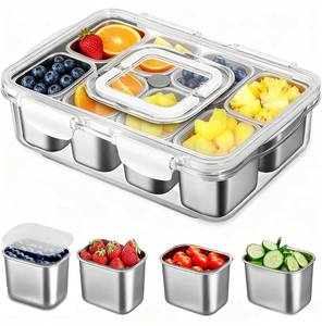 lot 5440 image: kidinit Snackle Box Container, Stainless Steel Divided Serving Tray with Lid and Handle, Large Snack Tray for Fruit Veggie Candy, 8-Compartment Snack Platter for Travel Party Beach Picnic