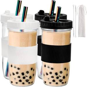 lot 5454 image: Youeon 4 Pack 24 Oz Reusable Boba Cups with Lids and Straw, Iced Coffee & Smoothie Cups, Bubble Tea & Mason Jar Style with Silicone Sleeve, BPA Free, Dishwasher Safe, 2 Colors