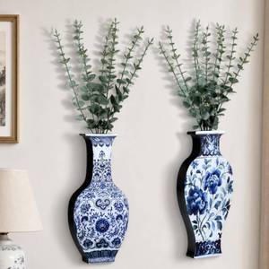 lot 5458 image: Blulu 2 Pack Wooden Wall Vase Set with Faux Eucalyptus Plants Blue and White Wooden Chinoiserie Wall Vase Modern Farmhouse Art Decor Hanging Planters for Home Office Tabletop