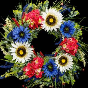 lot 5465 image: TEMPUS 20 Inch Patriotic Wreath for Front Door Artificial Sunflower Red White and Blue Hydrangea Wreath 4th of July Independence Day Memorial Day Flag Day Hanging Decorations