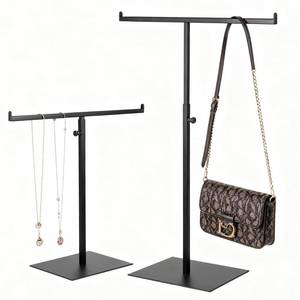 lot 5471 image: Xaajooio 2 Pcs Black Purse Display Stand, Adjustable Height T Bar Tabletop Stainless Steel Handbag Holder for Jewelry Necklaces Organizer, Home Store Boutique Retail Decor