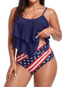 lot 6263 image: Womens Tankini Swimsuits High Waisted Bathing Suits Tummy Control Ruffled Top Swimwear Two Piece Swimming Suits 28 American Flag 14-16