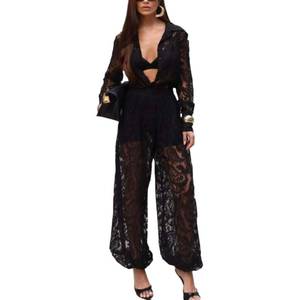 lot 6299 image: BIUPOS Lace See Through Two Piece For Women Long Sleeve Lapel V Neck Top High Waist Harem Pants Street Club Fashion Wear size m