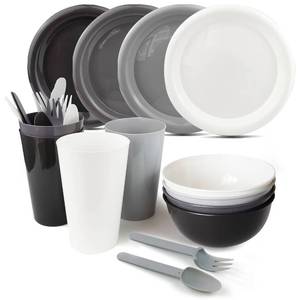 lot 6306 image: 24Piece Plastic Plates and Bowls Sets Dinnerware Set Dishes Set for 4,College Dorm Room Essentials,Camping Plates and Bowls with Tumbler,Knives,Forks and Spoons,Mess Kit,Microwave Safe,BPA Free