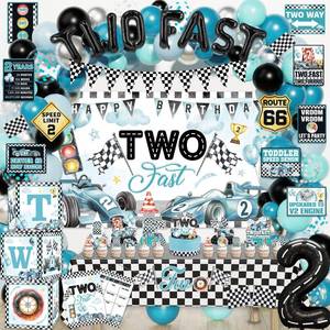 lot 6324 image: Mpanwen Two Fast Birthday Decor, 143Pcs Race Car Racing 2nd Birthday Party Decorations Supplies for Boys - Banner, Cake Toppers, Balloons, Tablecloth, Centerpieces, Crown, Poster, Boxes, Wall Signs