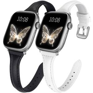 lot 6347 image: 2 pack Slim Leather Bands Compatible with Apple Watch Band 42mm(Series 321) 44mm 45mm 46mm 49mm Women,Top Layer Genuine Leather Strap for iWatch Series 11109876 54SEUltra(BlackWhite)