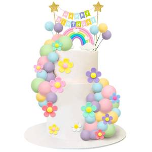 lot 6359 image: 39 Pcs Pastel Balls Cake Toppers Daisy Flower Cupcake Decoration Boho Rainbow Cake Topper with Happy Birthday Banner for 70s Groovy Hippie Party Supplies