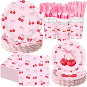 lot 7882 image: Sunnychicc 400 Pcs Cherry Birthday Party Decorations for 50 Guests, Red Pink Cherry Bow Scalloped Paper Plates Napkins Cups Cutlery for Pink Bow Coquette Baby Shower Bridal Shower Party Supply