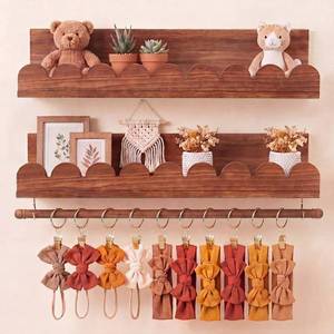 lot 7894 image: Qunclay Nursery Floating Shelves Headband and Bow Holder with Rod Wall Mounted Wood Shelves Nursery Decor for Wall Home Organization Kitchen Living Room Storage Decor(2-Tier,Walnut Color)