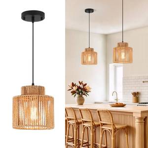 lot 7903 image: Boho Rattan Pendant Light, Hand Woven Hanging Lamp for Kitchen Island