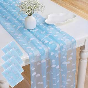 lot 8343 image: Windkream 4 Pcs Blue White Cloud Table Runner 29x70 Inch Tulle Flocking