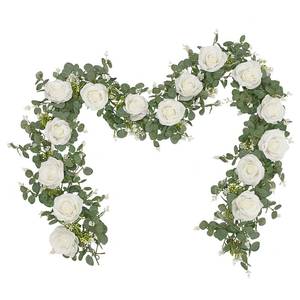 lot 8368 image: Dolicer 2Pcs 13Ft Artificial Eucalyptus Garlands with Flowers - 8 Roses, Faux Floral Greenery Garlands Fake Flowers Vines for Wedding Table Centerpieces Arch Party Ceremony Backdrop Decor (White)