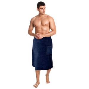 lot 8388 image: 1 Pcs Mens Bath Wrap Towel Medium Adjustable with Pocket, Navy Blue