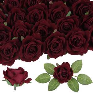 lot 8392 image: IPOPU 25pcs Burgundy Artificial Roses 2.75in Faux Velvet Roses Flowers Fake Flower Heads with Stems for Vase Table Centerpiece Home Wedding Party Garden Decoration(Burgundy)