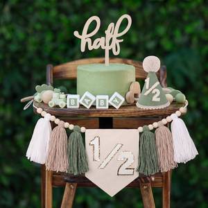 lot 8395 image: NatNarr 12 Birthday Decorations, Half Way to One Baby Boy 6 Months Birthday Decorations with Sage Green Khaki Tassel Wooden Beads Half-Year Banner, Glitter Age Hat, Cake Topper for Baby Boy Birthday