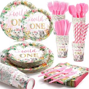 lot 9079 image: Teenyyou 225 Pcs Wild One Birthday Plates Napkins Cups Tableware Set, Pink