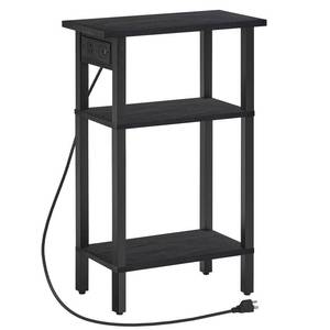 lot 9080 image: HOOBRO Narrow Side Table, 3-Tier Slim End Table with Charging Station, Skinny Nightstand with Open Storage, for Small Spaces, Living Room, Bedroom, Study, Rustic Brown and Black BB340UBZ01