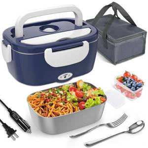 lot 9098 image: Monteka Electric Lunch Box Food Heater - Leakproof Portable Food Warmer heated lunch box for adults for CarHomeTruck with 1.5L Removable Stainless Steel Container, 60W, 12V24V110V, DarkBlue