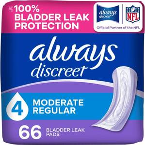 lot 9099 image: Always Discreet Adult Incontinence Pads for Women, Drier, 4 Drop Regular Length, Moderate Absorbency, Pads for Bladder Control Management, Bladder Leaks, & Postpartum Pads, 66ct
