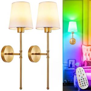 lot 9111 image: Depuley Battery Operated Wall Sconce Set of 2 Wireless Wall Lights with 10000mAh Dimmable Bulbs and Remote for Bedroom - Rechargeable 15 Colors Gold Wall Lamp for Living Room Hallway