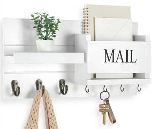 lot 9115 image: Lwenki Mail Organizer for Wall Mount �� Key Holder with Shelf Includes Letter Holder and Hooks for Hallway Farmhouse Decor �� Rustic Wood with Flush Mounting Hardware (16.5 x 9.1 x 3.4) (White)