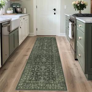 lot 9120 image: DUIDY 2x7 Green Runner Rug Hallway Washable Area Rugs Kitchen Vintage Boho Non Slip Long Rug Floral Carpet Indoor Retro Soft Low Pile Throw Rug for Bedroom Bathroom Laundry Dining Living Room Office