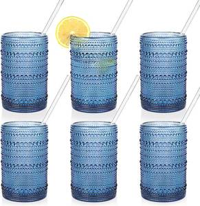 lot 10211 image: KMIGRUAN Large Hobnail Drinking Glasses Set of 6, 15oz Blue Vintage Glassware, Embossed Glass Cups, Water Tumbler, Highball Glasses For Beer, Juice And Various Mixed Drinks