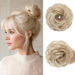 lot 10237 image: CJL HAIR Small Messy Bun Hair Pieces for Women Thin Hair Synthetic Curly Mini Scrunchies Hairpiece Updo with Elastic Band 2PCs Sunny Blonde
