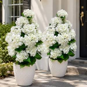 lot 11606 image: 2 Pack Artificial Hydrangea Trees Potted, UV Resistant Faux Hydrangea Plant with White Flowers, Realistic Hydrangea Topiary Tree for Indoor Outdoor Garden Home Porch Patio Decor