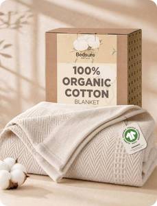 lot 11619 image: Bedsure PureWoven 100% Organic Cotton Waffle Luxury Blanket, Queen, Beige