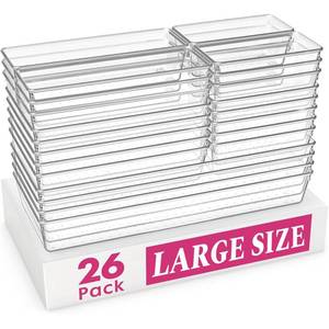 lot 11626 image: Criusia Large Drawer Organizer Bins 26 Pack  Complete 5 Size Clear Plastic Kitchen Drawer Organizers for Utensils  Bathroom Drawer Organizer Trays  Versatile for Makeup Office Organization